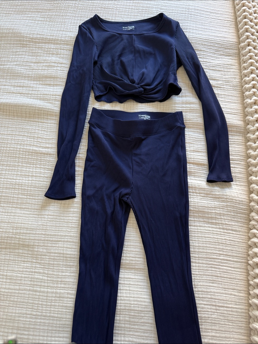 Long Sleeve Ribbed Crop Top & High Waist Leggings Set - Navy Bebe